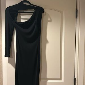 Fashion Nova Black Asymmetrical Midi Dress, Long sleeve, one shoulder, cutout